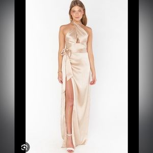 Show Me Your Mumu Adele Halter Maxi dress Champagne luxe satin